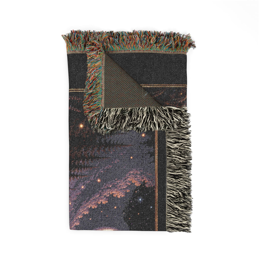 🌖 Waning Gibbous Moon Crane Woven Throw Blanket | Lunar Phase Art | Soft Cotton Fringe BlanketWov