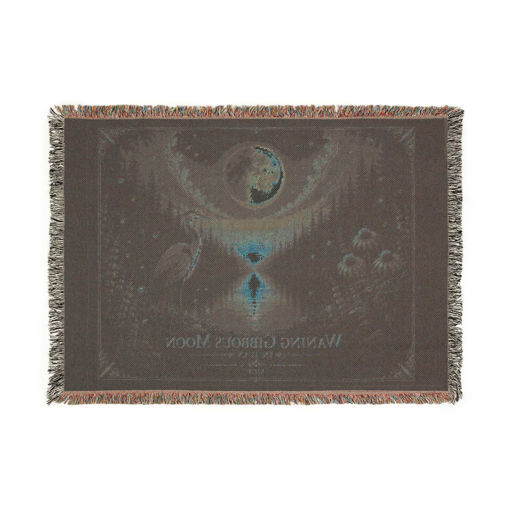 🌖 Waning Gibbous Moon Crane Woven Throw Blanket | Lunar Phase Art | Soft Cotton Fringe BlanketWov