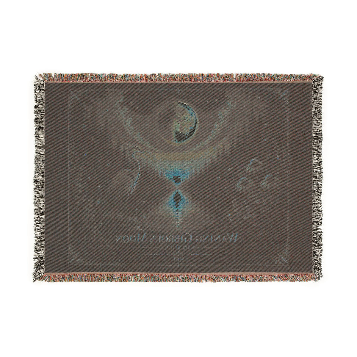 🌖 Waning Gibbous Moon Crane Woven Throw Blanket | Lunar Phase Art | Soft Cotton Fringe BlanketWov
