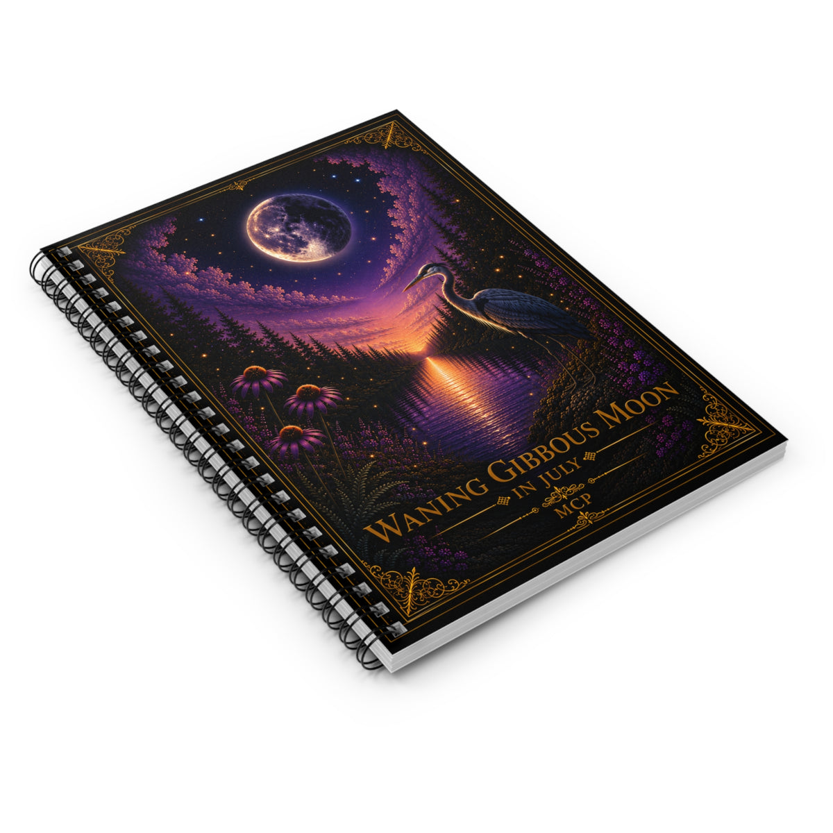 Spiral Notebook - Ruled Line 🌖 Waning Gibbous Moon in July | Moonlit Crane Collection | MCP Series