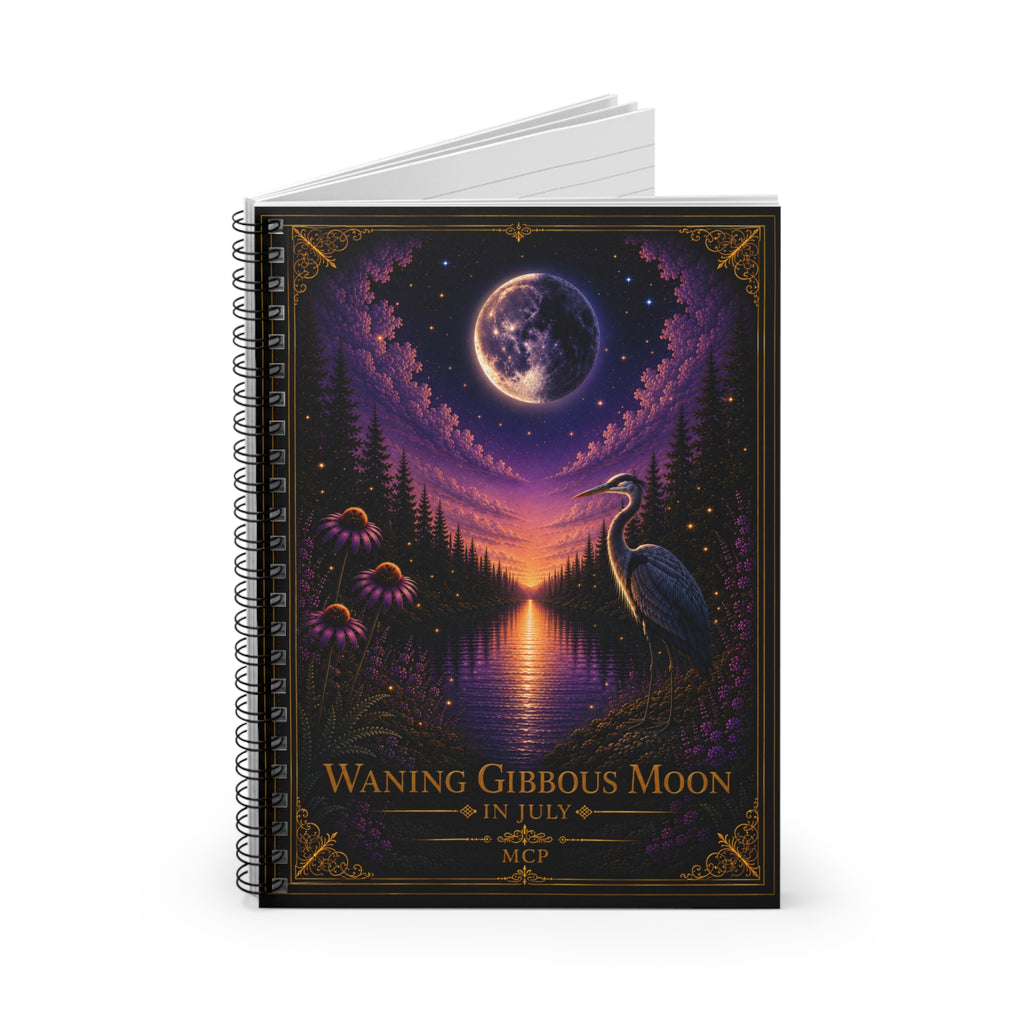 Spiral Notebook - Ruled Line 🌖 Waning Gibbous Moon in July | Moonlit Crane Collection | MCP Series