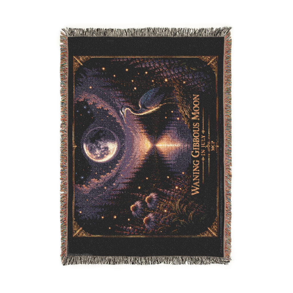 🌖 Waning Gibbous Moon Crane Woven Throw Blanket | Lunar Phase Art | Soft Cotton Fringe BlanketWov
