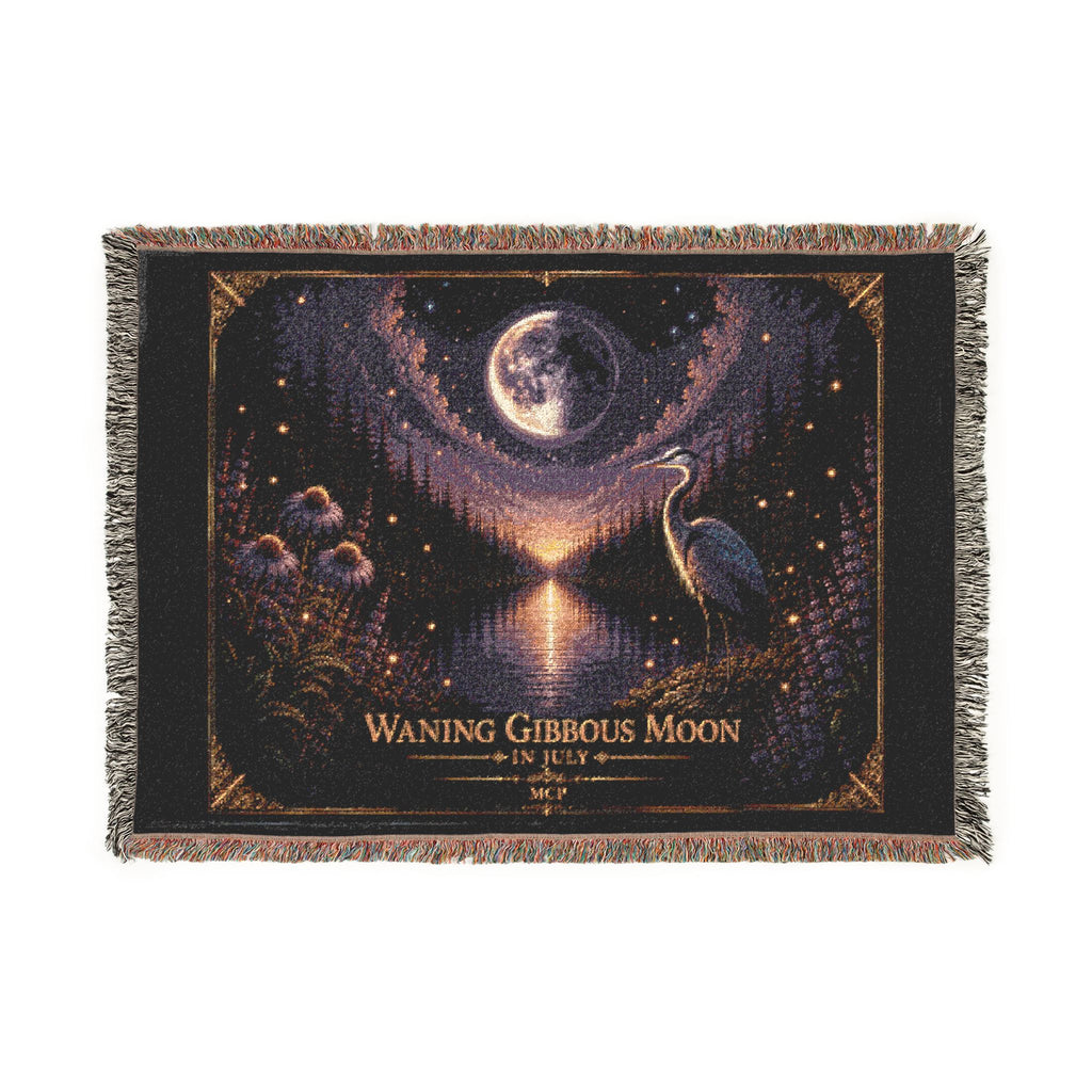 🌖 Waning Gibbous Moon Crane Woven Throw Blanket | Lunar Phase Art | Soft Cotton Fringe BlanketWov