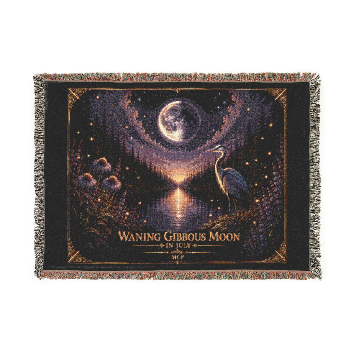 🌖 Waning Gibbous Moon Crane Woven Throw Blanket | Lunar Phase Art | Soft Cotton Fringe BlanketWov