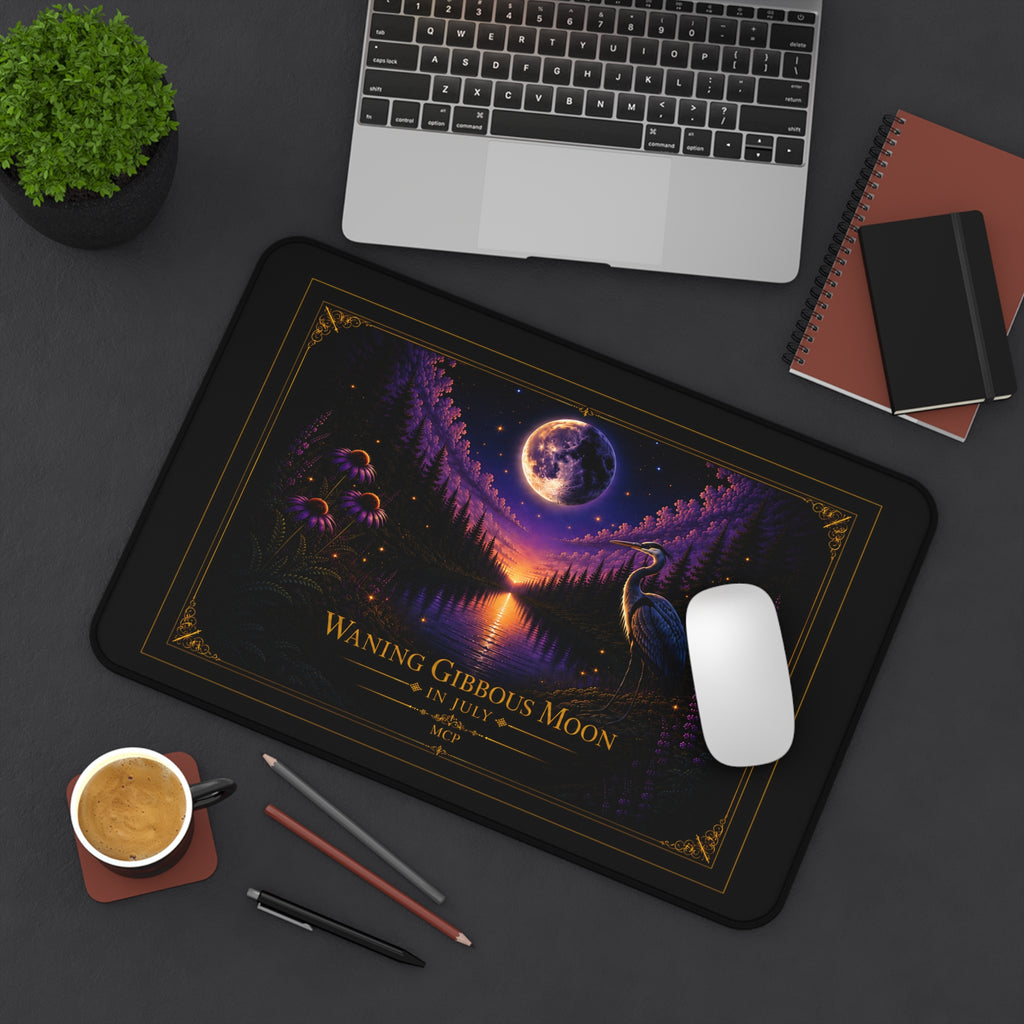 🌖Waning Gibbous Moon Crane Desk Mat – July Lunar Phase Gaming Mouse Pad – Celestial Workspace Decor