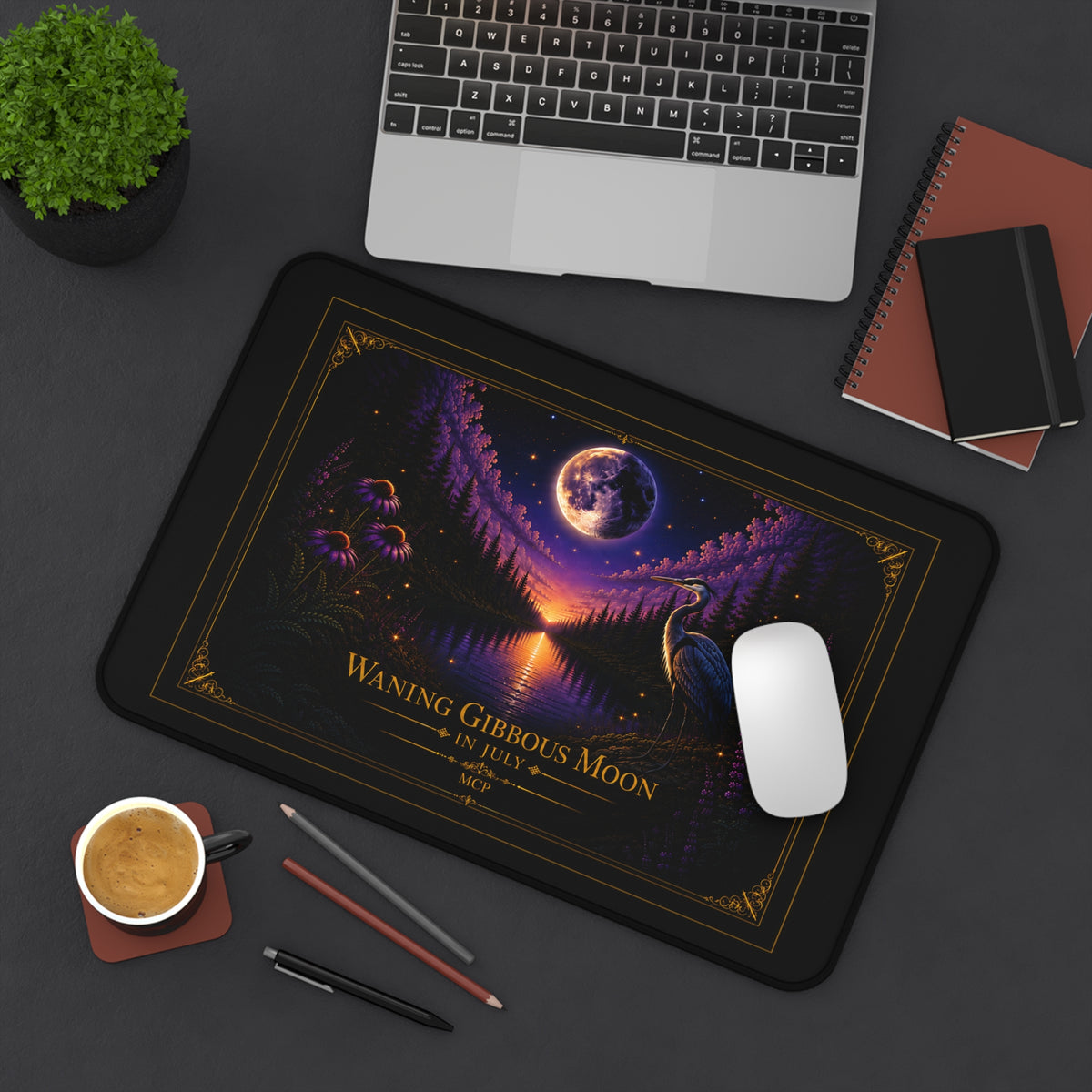 🌖Waning Gibbous Moon Crane Desk Mat – July Lunar Phase Gaming Mouse Pad – Celestial Workspace Decor