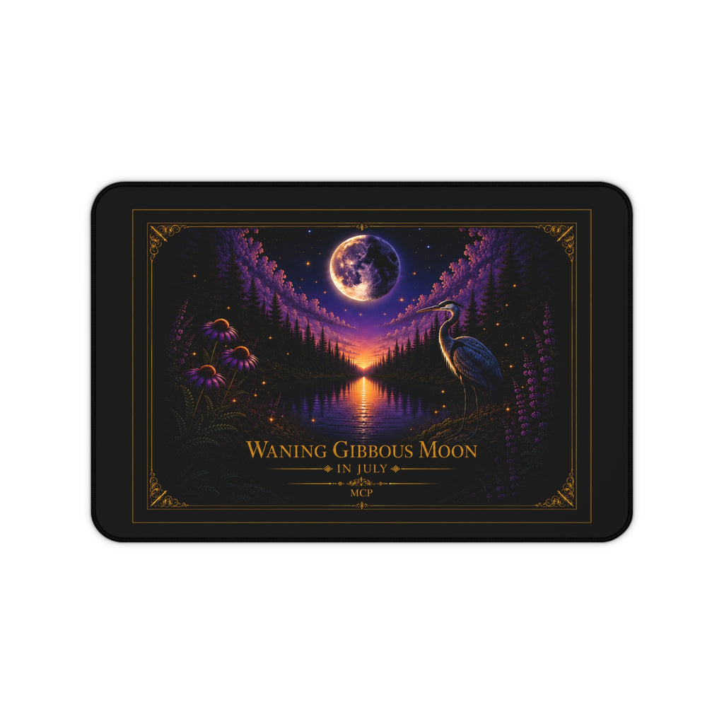 🌖Waning Gibbous Moon Crane Desk Mat – July Lunar Phase Gaming Mouse Pad – Celestial Workspace Decor