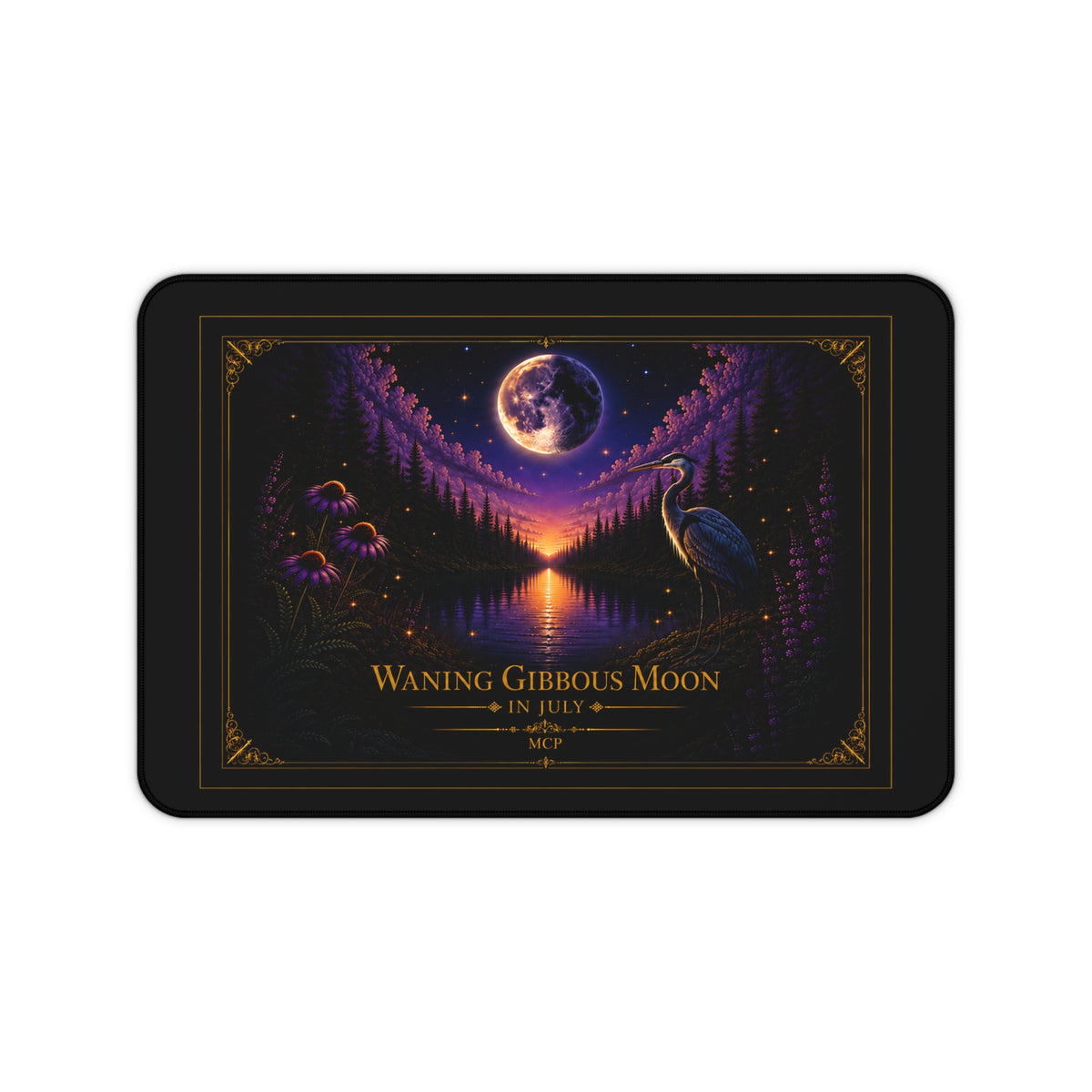 🌖Waning Gibbous Moon Crane Desk Mat – July Lunar Phase Gaming Mouse Pad – Celestial Workspace Decor
