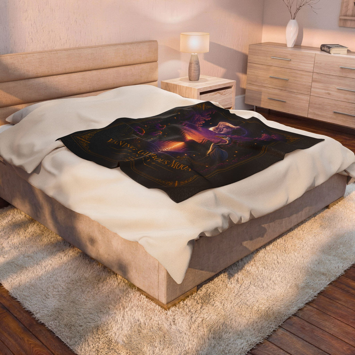 🌖 Waning Gibbous Moon Crane Velveteen Plush Blanket – July Moon Phase Gift – Celestial Home Decor