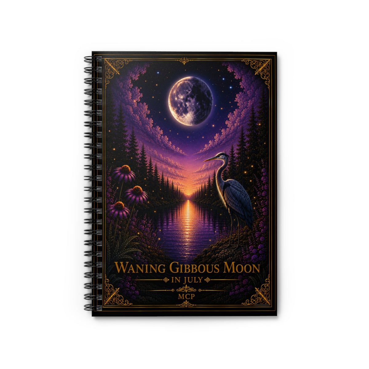Spiral Notebook - Ruled Line 🌖 Waning Gibbous Moon in July | Moonlit Crane Collection | MCP Series