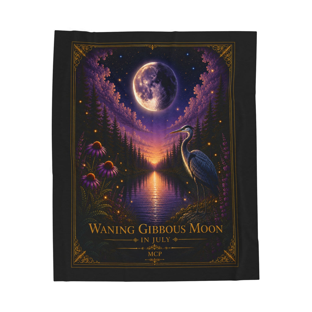 🌖 Waning Gibbous Moon Crane Velveteen Plush Blanket – July Moon Phase Gift – Celestial Home Decor