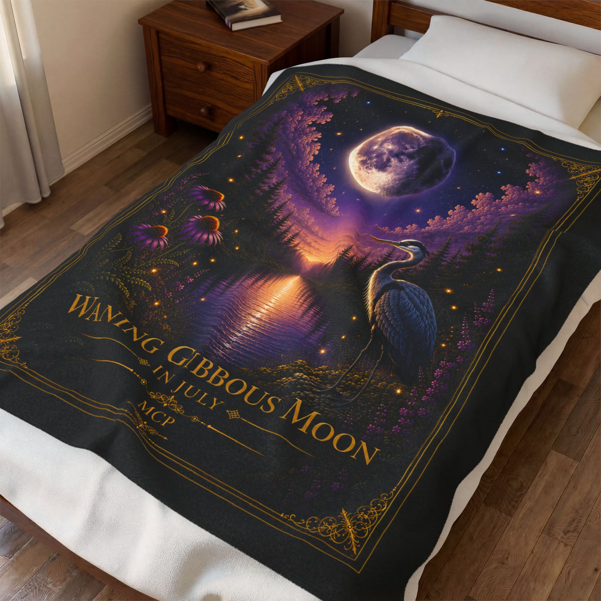 🌖 Waning Gibbous Moon Crane Velveteen Plush Blanket – July Moon Phase Gift – Celestial Home Decor