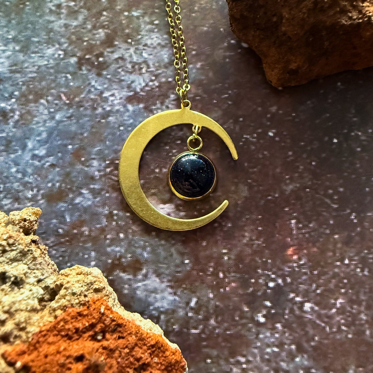 Starlit Crescent Necklace with Blue Sandstone