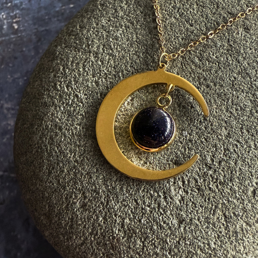 Starlit Crescent Necklace with Blue Sandstone