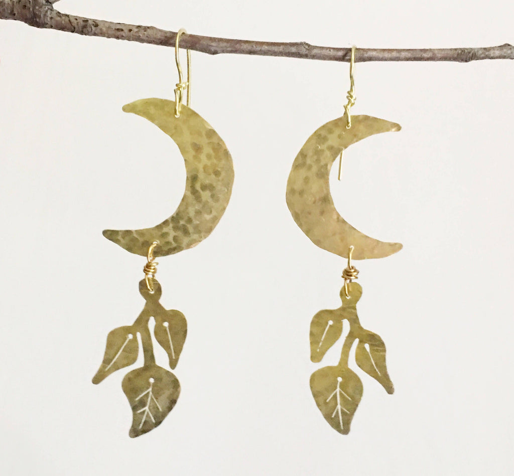Handmade Crescent Moon Earrings: Hammered Brass Lunar Plant Jewelry
