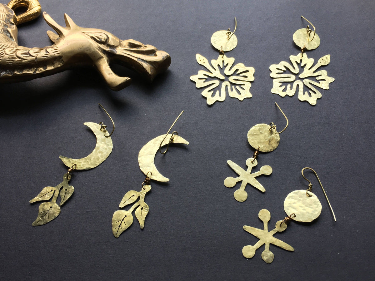 Handmade Crescent Moon Earrings: Hammered Brass Lunar Plant Jewelry