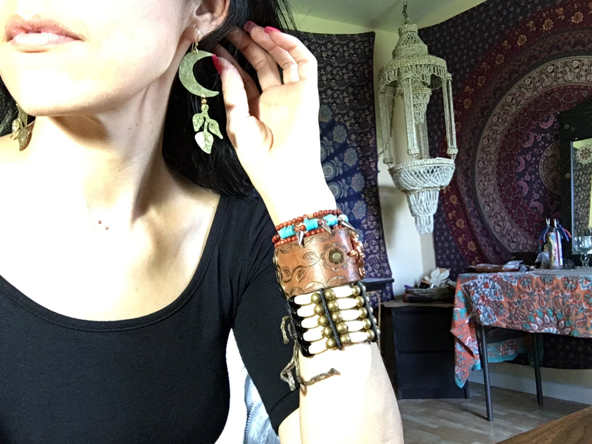 Handmade Crescent Moon Earrings: Hammered Brass Lunar Plant Jewelry